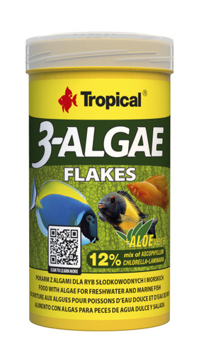 بسته غذای پولکی 3-Algae Flakes تروپیکال حاوی سه نوع جلبک و آلوئهورا – محصول برند Tropical در نئو آکواریم